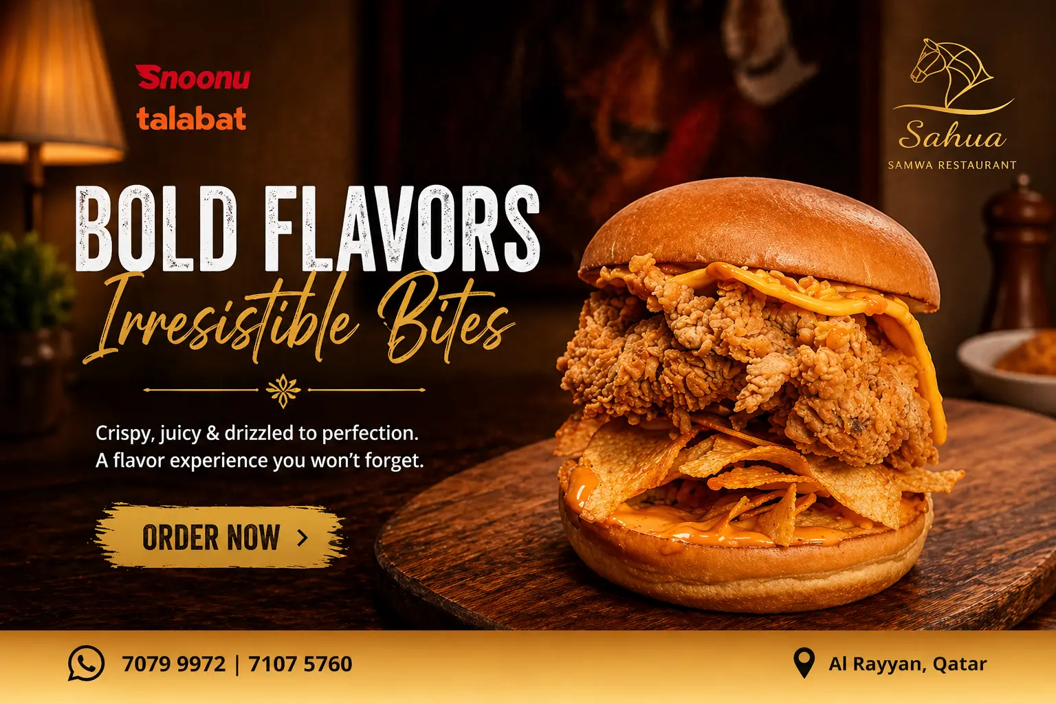 Crispy chicken burger with cheese and chips from Sahwa Restaurant in Qatar available on Snoonu and Talabat