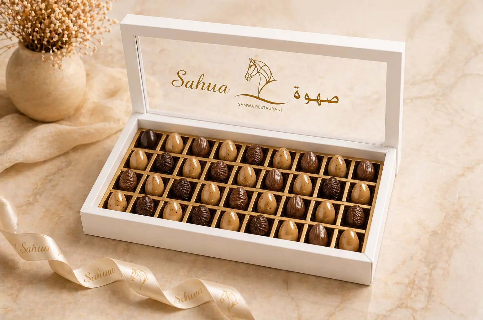 Luxury assorted chocolate gift box from Sahwa Cafe in Qatar with premium handcrafted chocolates